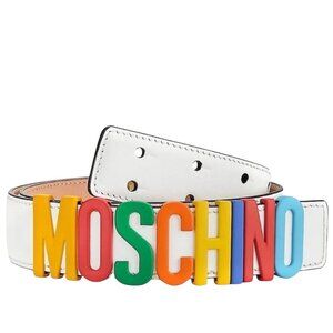MOSCHINO MULTI-COLOR LOGO PLAQUE LEATHER BELT IN WHITE/MULTI S/M